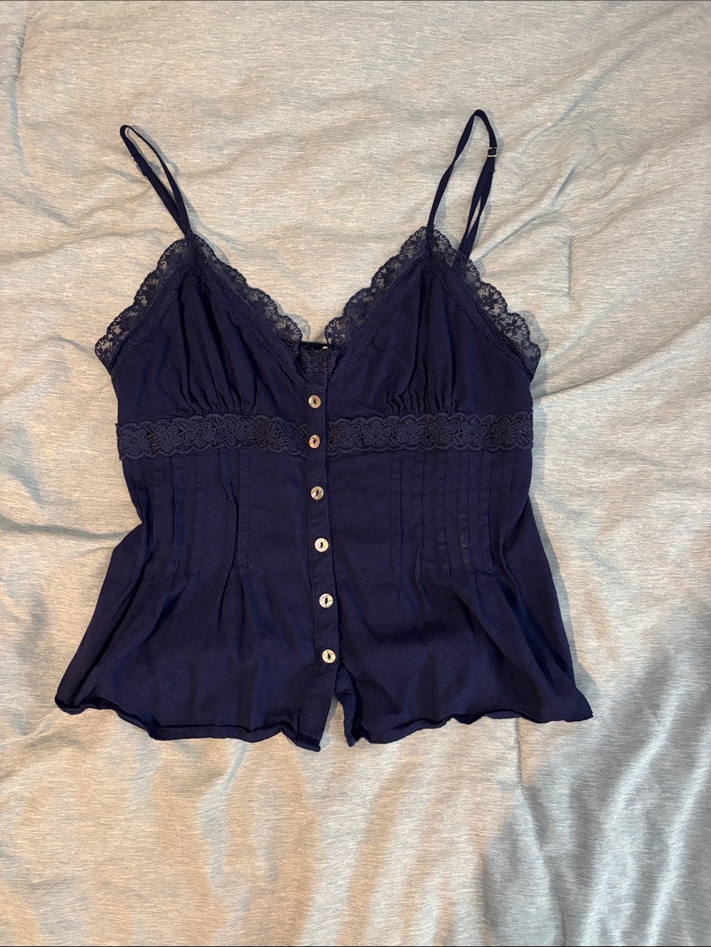 Love Tree Navy Lace-Trim Button Front Tank Top